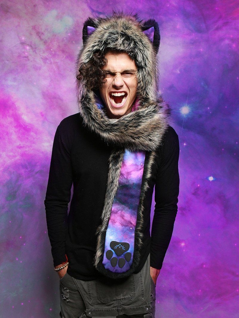Man wearing faux fur Direwolf Galaxy Collector SpiritHood, front view 1