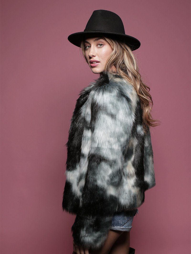 Black, Grey, and White Marble Fox Faux Fur Bomber on Female