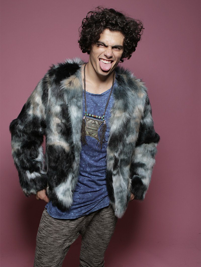 Man wearing Marble Fox Faux Fur Bomber SpiritHood, front view 1