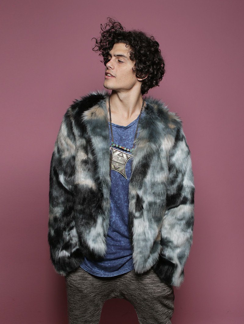 Man wearing Marble Fox Faux Fur Bomber SpiritHood, front view 4