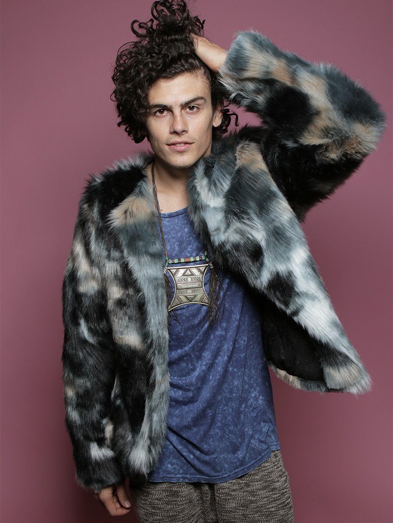 Man wearing Marble Fox Faux Fur Bomber SpiritHood