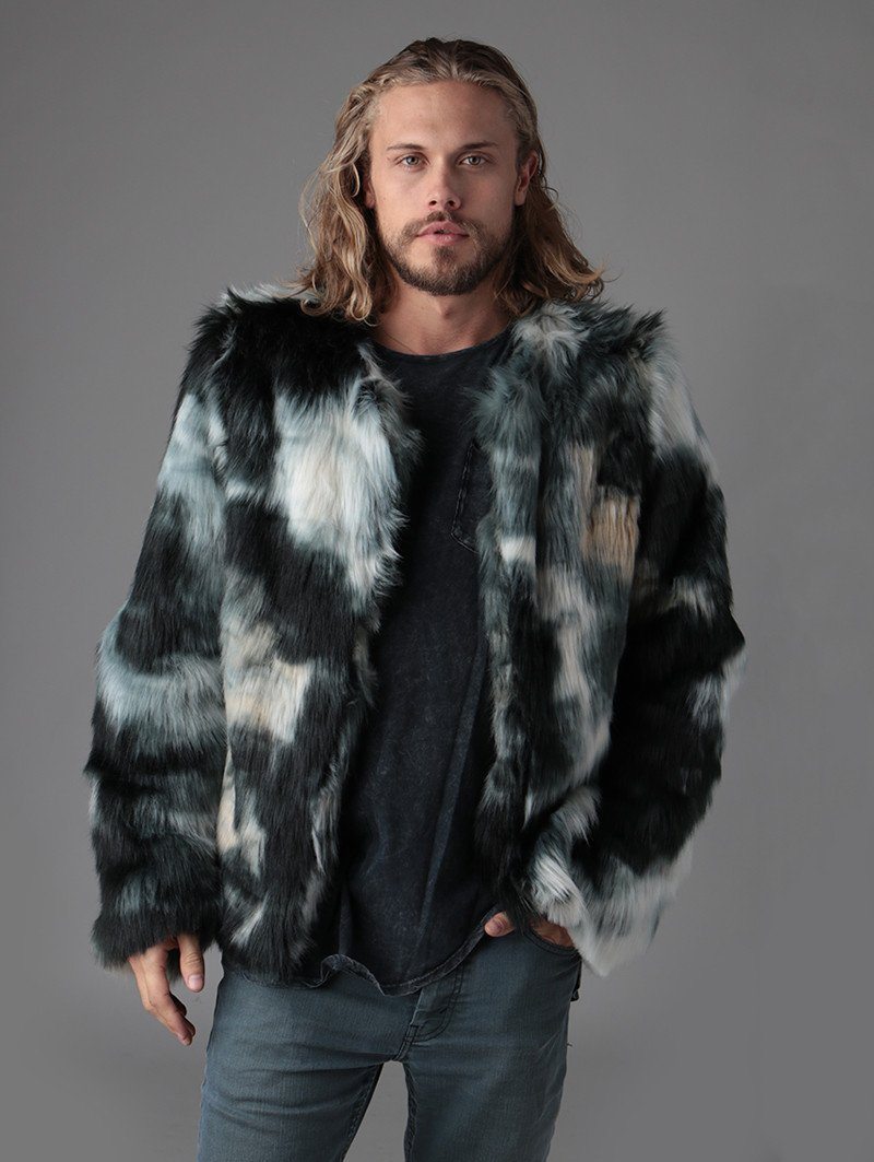 Man wearing Marble Fox Faux Fur Bomber SpiritHood, front view