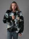 Man wearing Marble Fox Faux Fur Bomber SpiritHood, front view 5