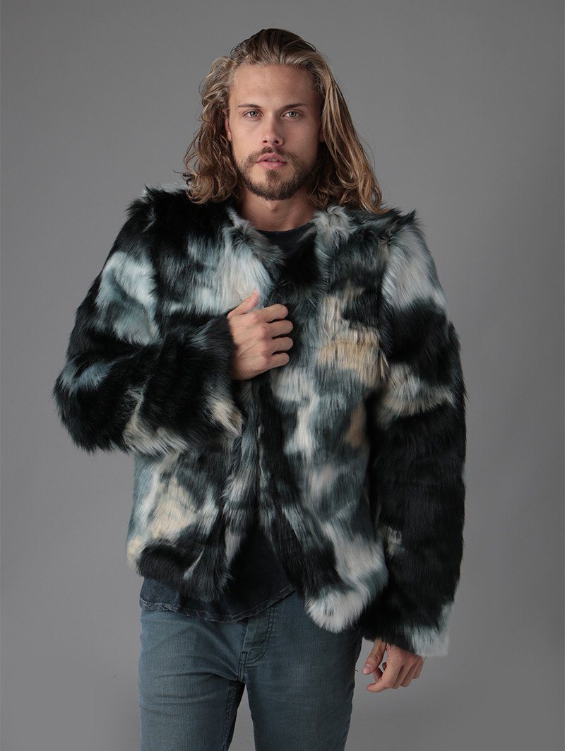 Man wearing Marble Fox Faux Fur Bomber SpiritHood, front view 5