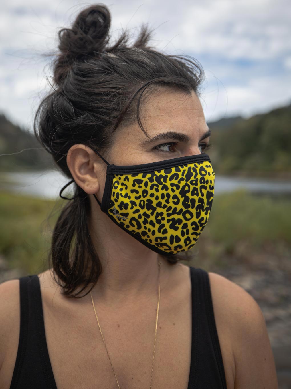 SpiritHoods Neon Yellow Cheetah Copper-Threaded Face Mask on Female