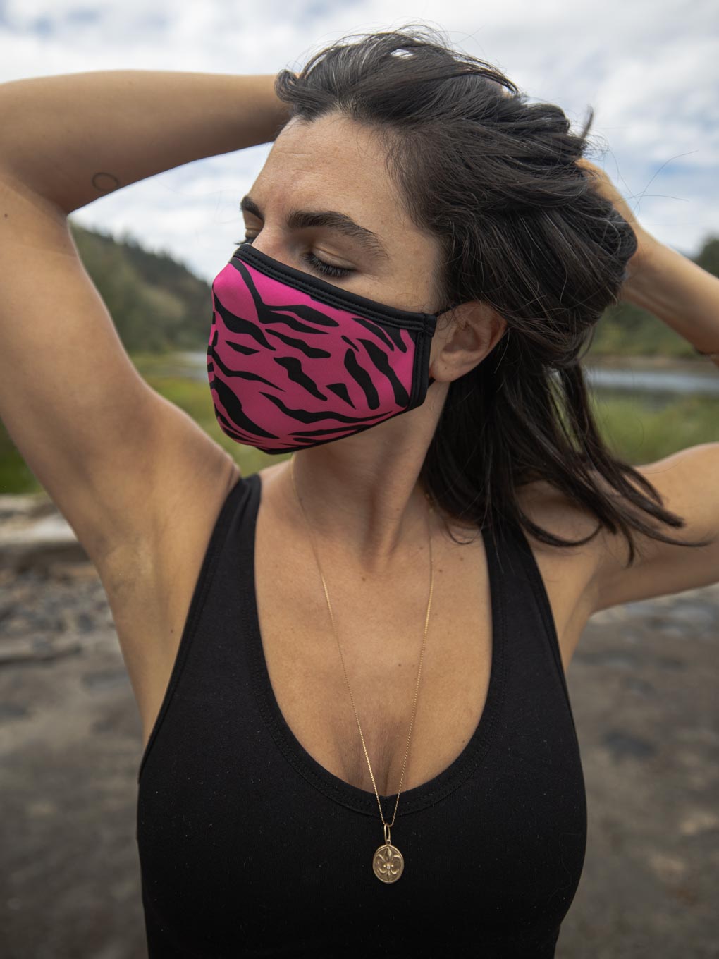 Zebra Copper-Threaded Face Mask in Neon Pink on Woman
