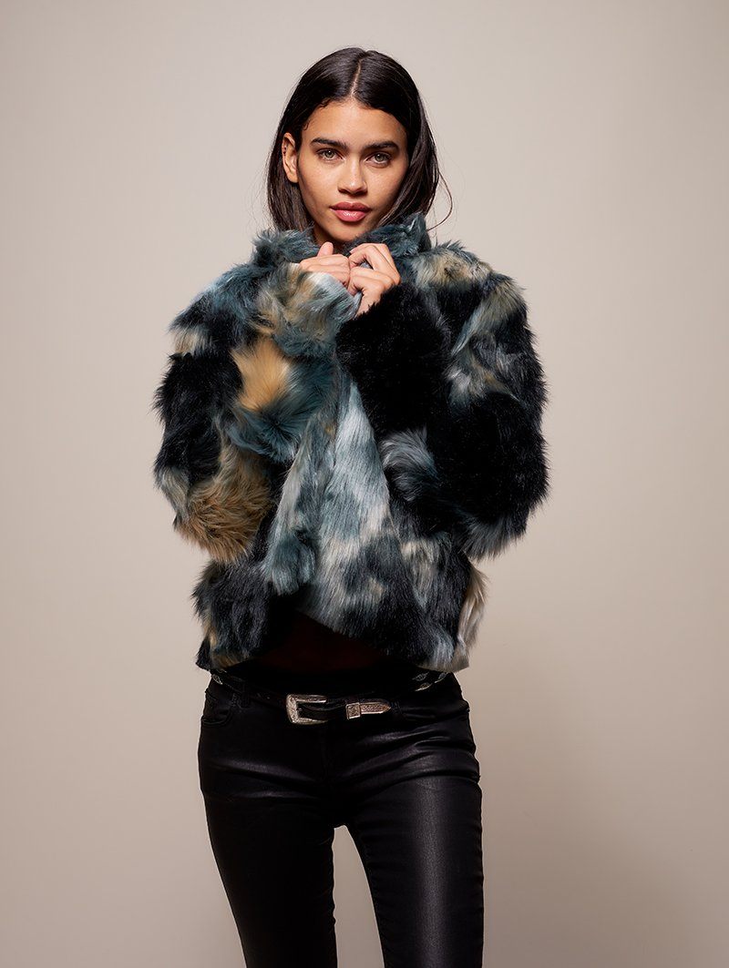 Faux Fur Bomber with Marble Fox Design
