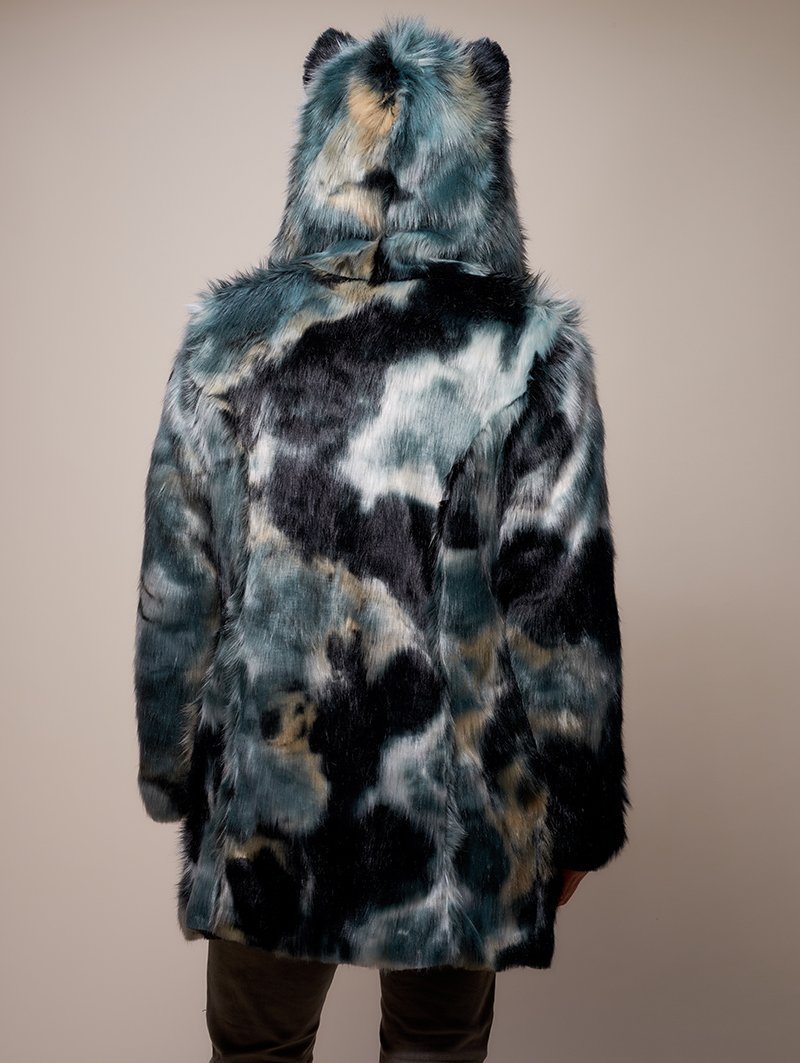 Man wearing Marble Fox Faux Fur Coat, back view