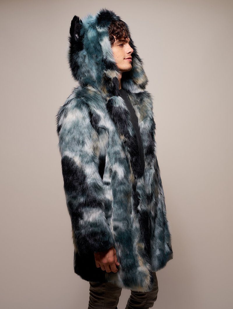 Man wearing Marble Fox Faux Fur Coat, side view 2
