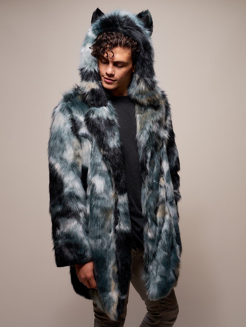 Man wearing Marble Fox Faux Fur Coat, side view