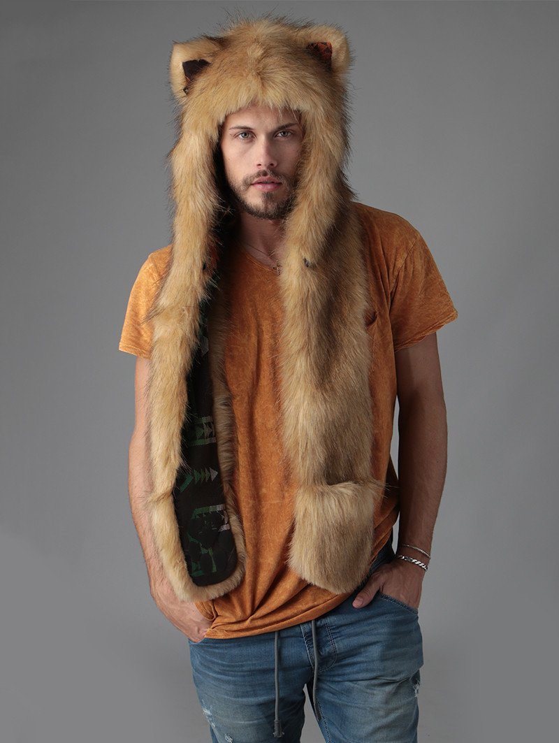 Man wearing faux fur Mountain Lion Collector Edition SpiritHood, front view 3