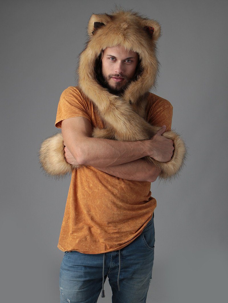 Man wearing faux fur Mountain Lion Collector Edition SpiritHood, front view