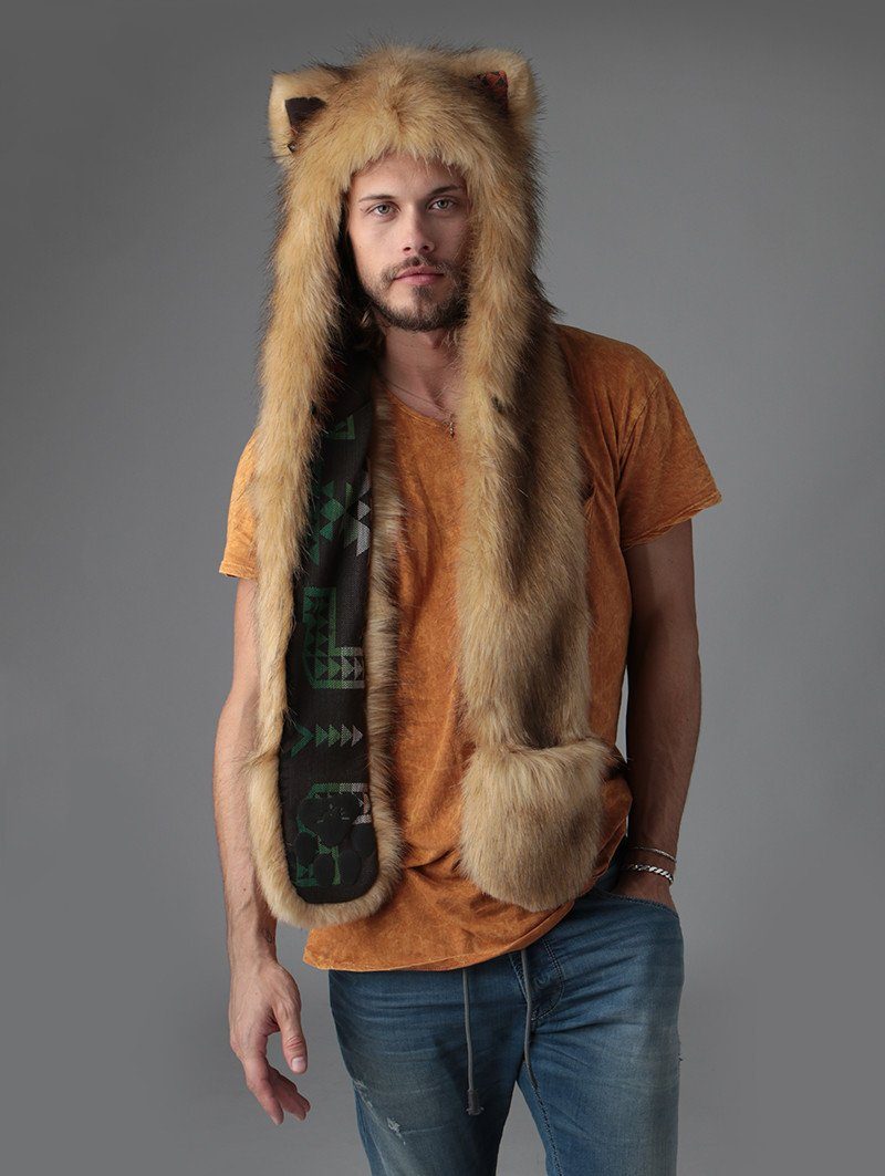 Man wearing faux fur Mountain Lion Collector Edition SpiritHood, front view 1