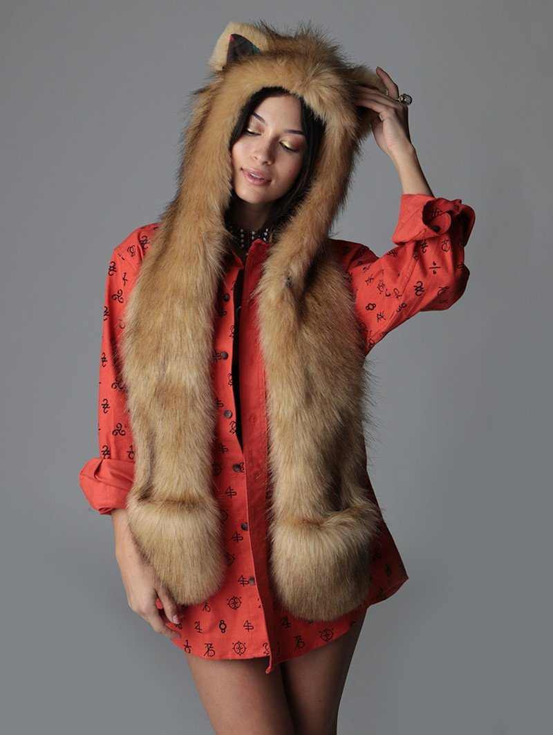 Woman wearing Cougar Collector Edition Faux Fur SpiritHood, front view