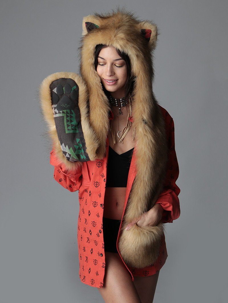 Woman wearing Cougar Collector Edition Faux Fur SpiritHood, front view 1