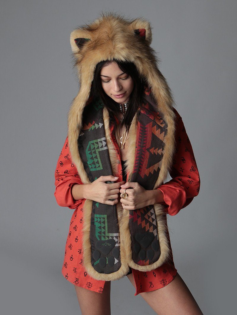 Woman wearing Cougar Collector Edition Faux Fur SpiritHood, front view 3