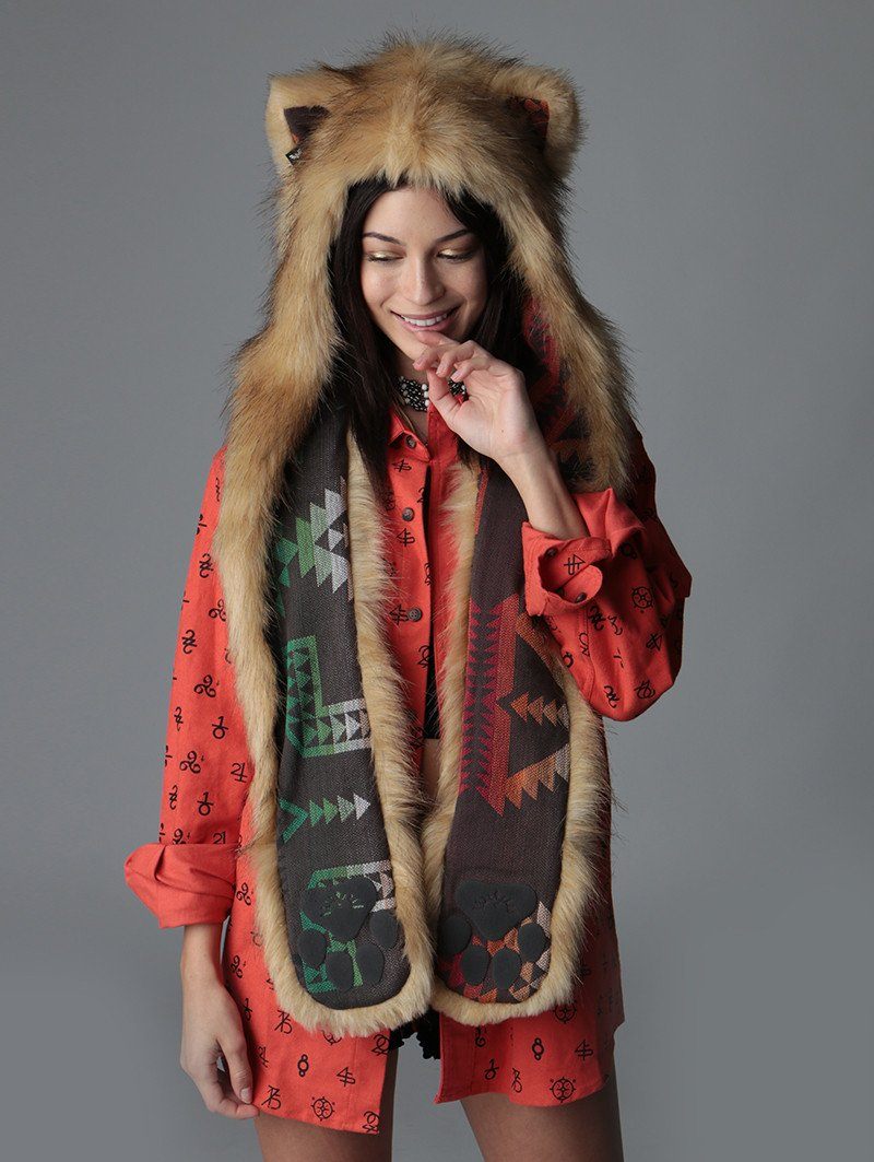 Woman wearing Cougar Collector Edition Faux Fur SpiritHood, front view 2