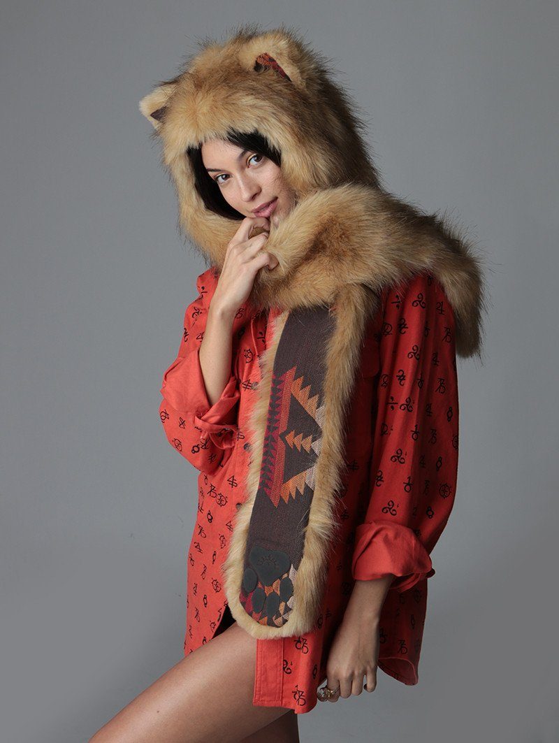 Woman wearing Cougar Collector Edition Faux Fur SpiritHood, side view