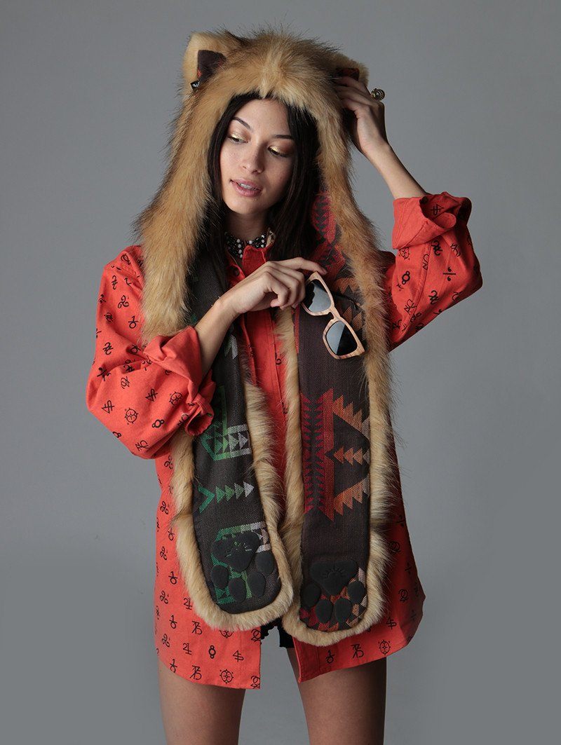 Woman wearing Cougar Collector Edition Faux Fur SpiritHood, front view 4