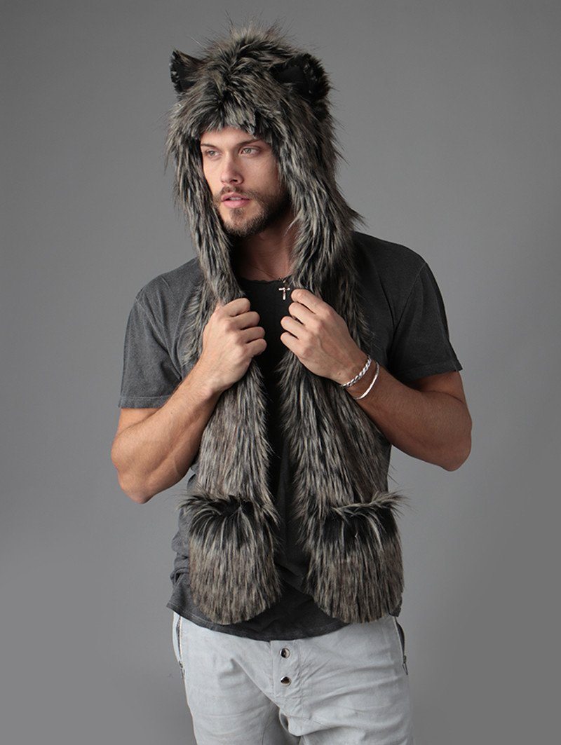 Man wearing faux fur Mystic Moon Fox SpiritHood, front view