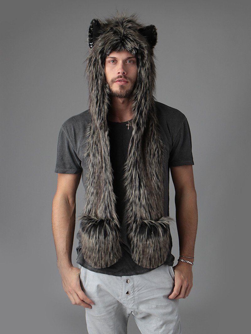Man wearing faux fur Mystic Moon Fox SpiritHood, front view 3