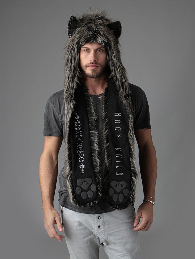 Man wearing faux fur Mystic Moon Fox SpiritHood