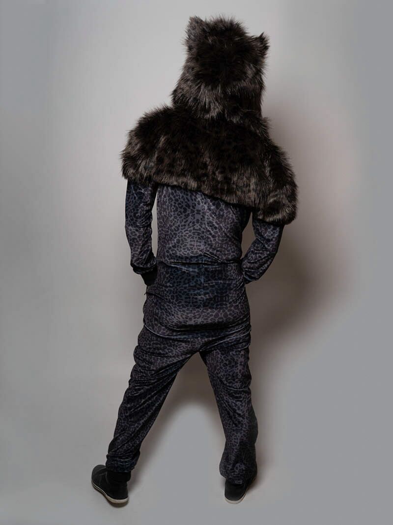 Man wearing Black Panther Faux Fur Velvet Onesie, back view 1