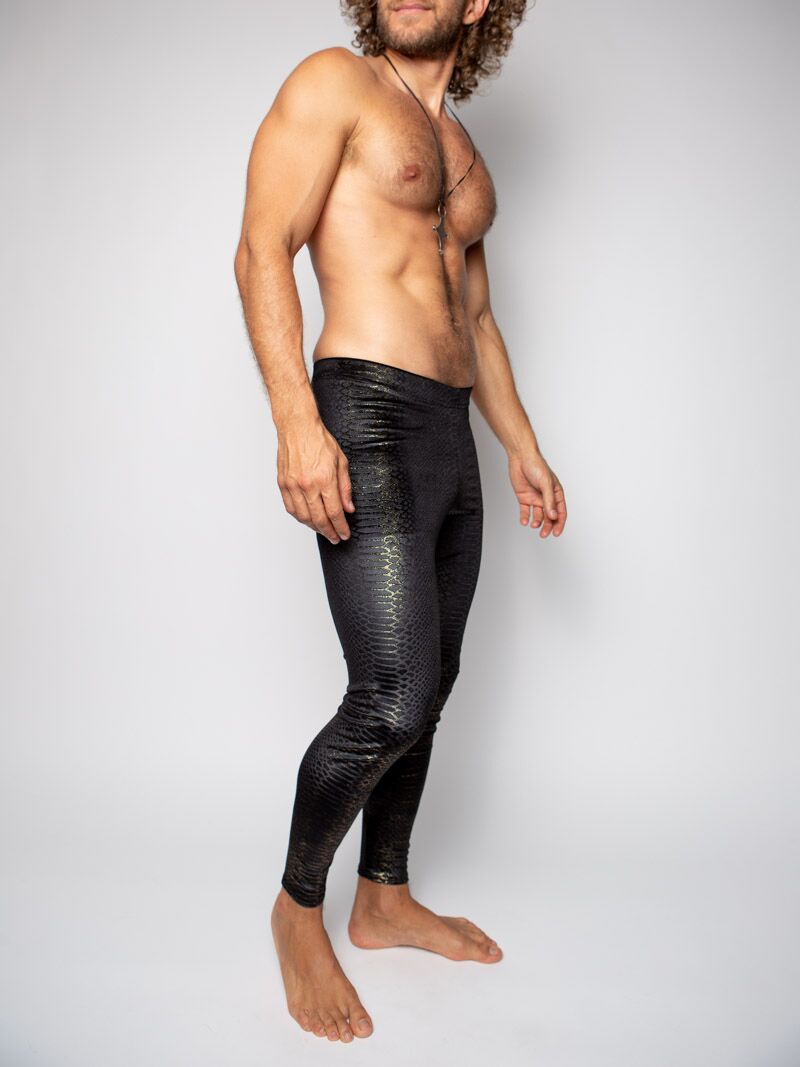 Man wearing Snakeskin Black Velvet Leggings, side view 2