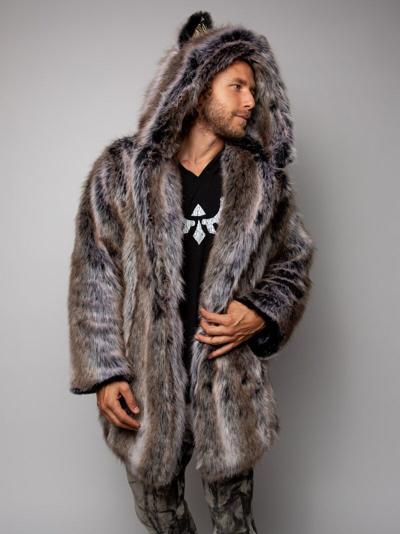 Man wearing LE Grey Wolf Palm Faux Fur Coat, front view 2
