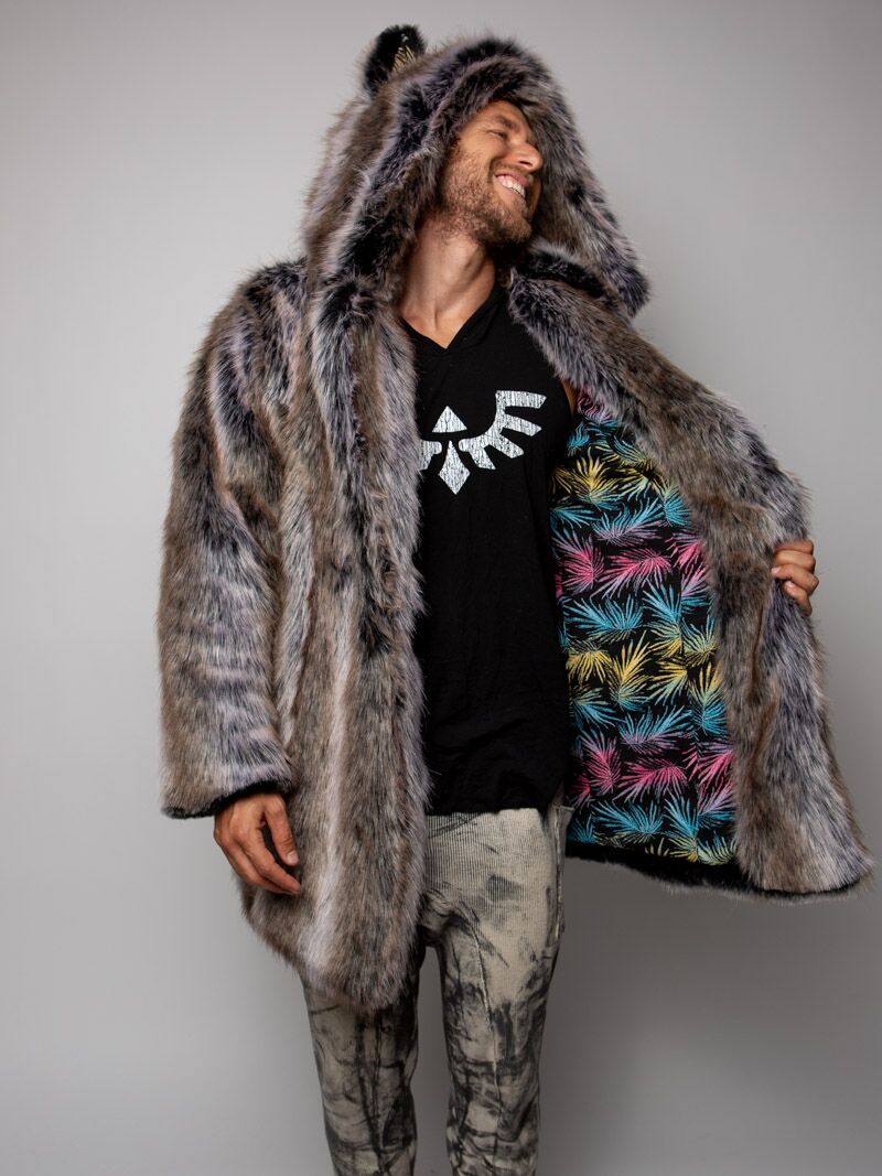 Man wearing LE Grey Wolf Palm Faux Fur Coat