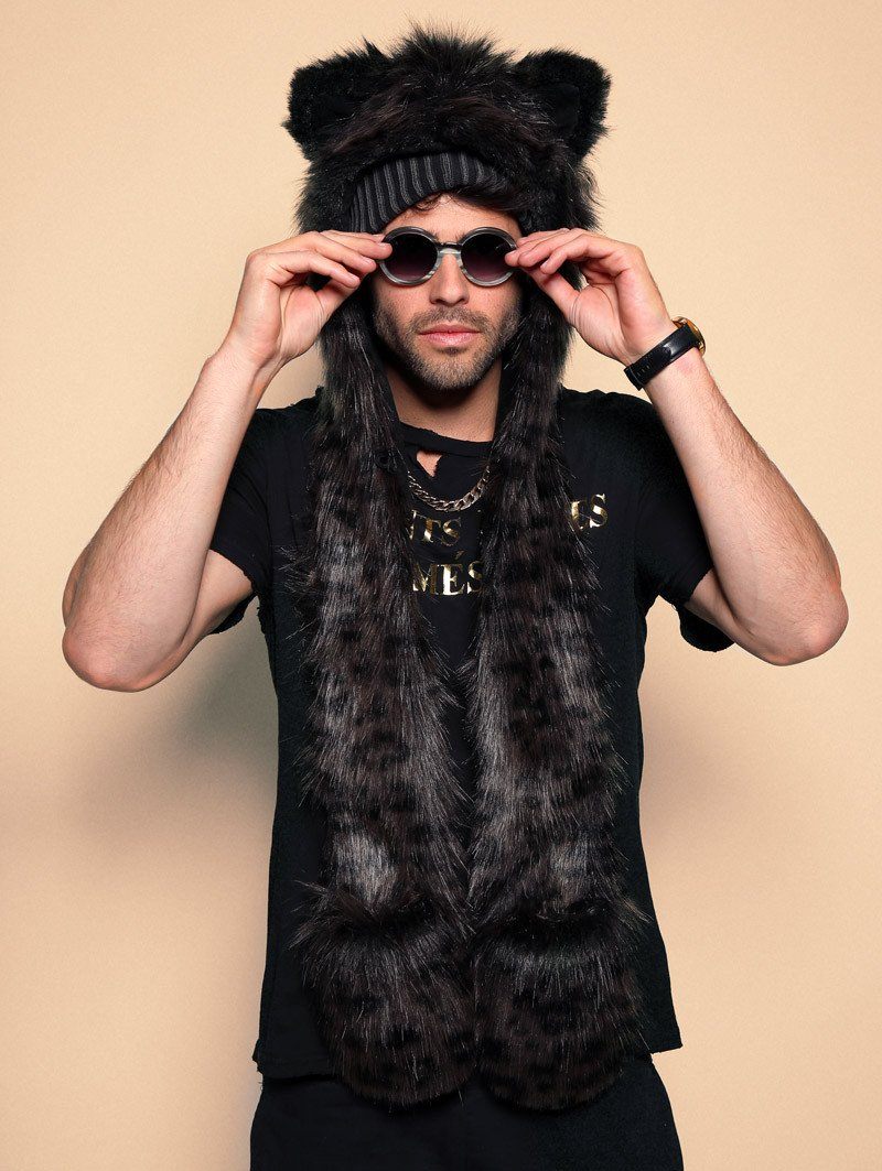 Man wearing faux fur Black Panther SpiritHood, front view 1.