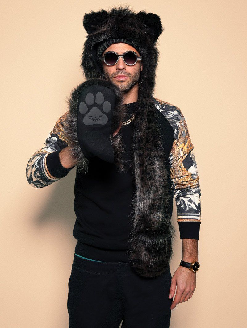 Man wearing faux fur Black Panther SpiritHood, front view 3