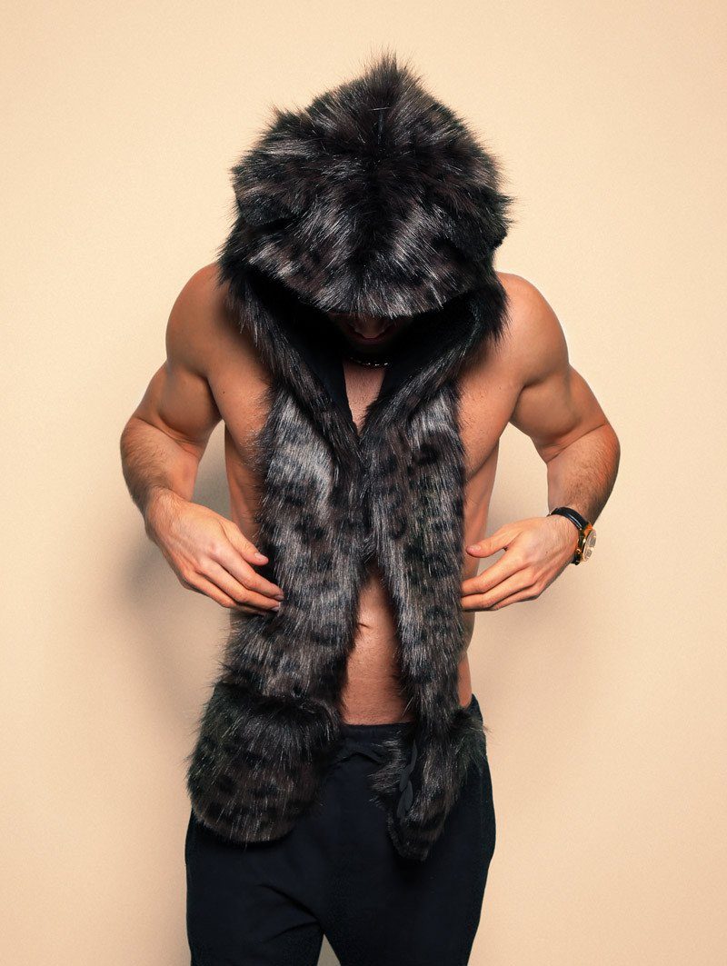 Man wearing faux fur Black Panther SpiritHood, front view 2