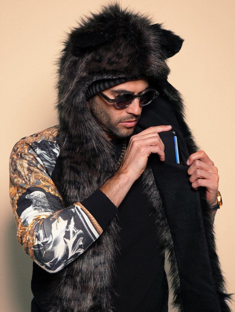 Man wearing faux fur Black Panther SpiritHood, side view 1