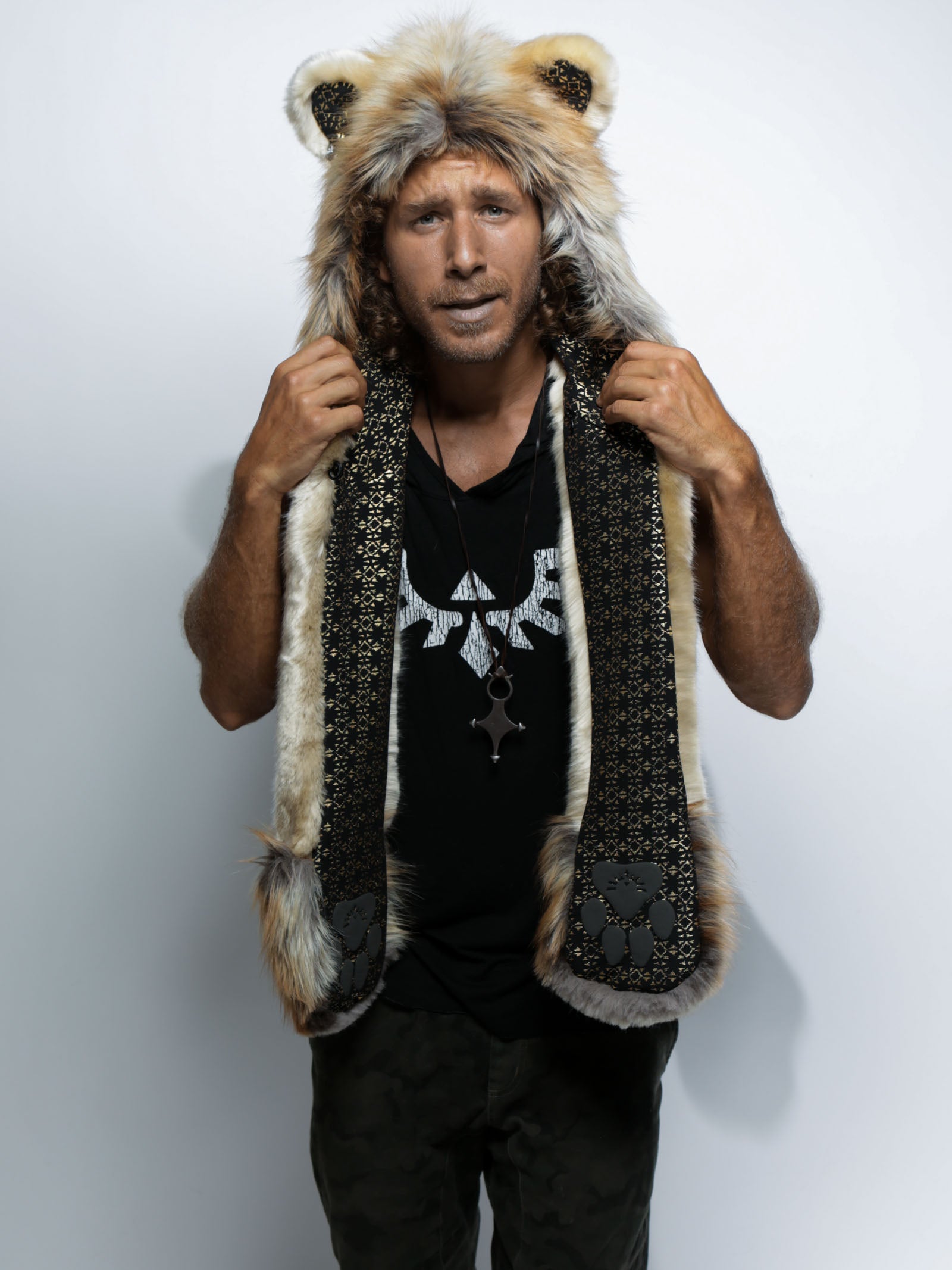 Man wearing faux fur The Noble Lion Collector SpiritHood