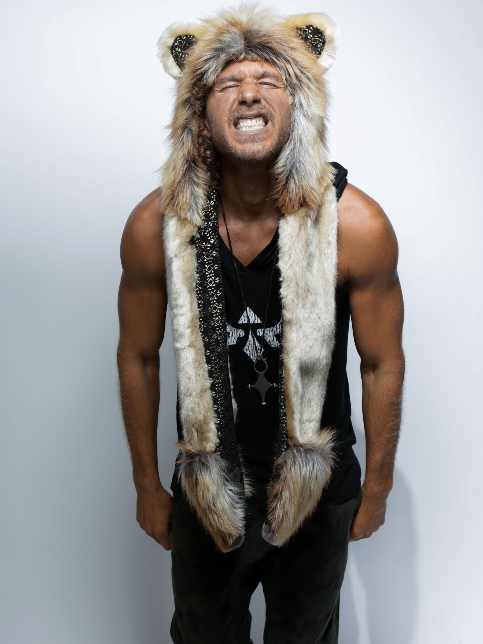 Man wearing faux fur The Noble Lion Collector SpiritHood, front view
