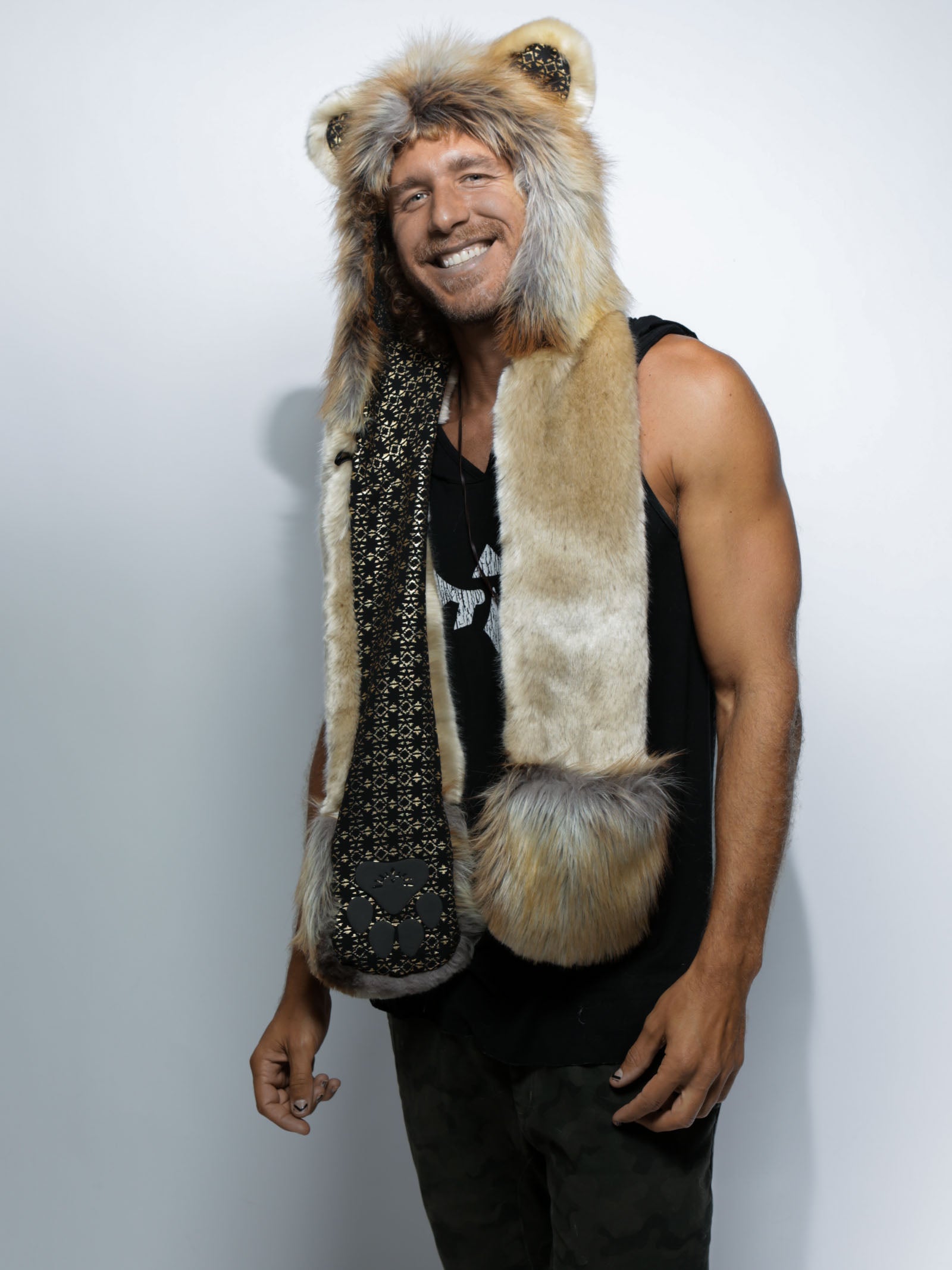 Man wearing faux fur The Noble Lion Collector SpiritHood, side view