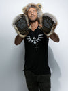 Man wearing faux fur The Noble Lion Collector SpiritHood, front view 1