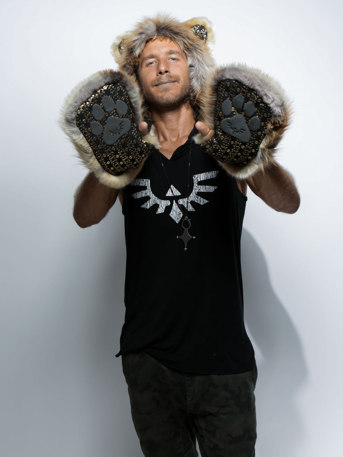 Man wearing faux fur The Noble Lion Collector SpiritHood, front view 1