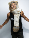 Man wearing faux fur The Noble Lion Collector SpiritHood, front view 2