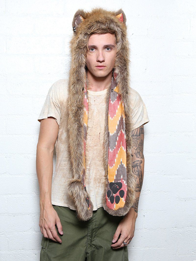 Man wearing faux fur Coyote Sedona SpiritHood, front view 4
