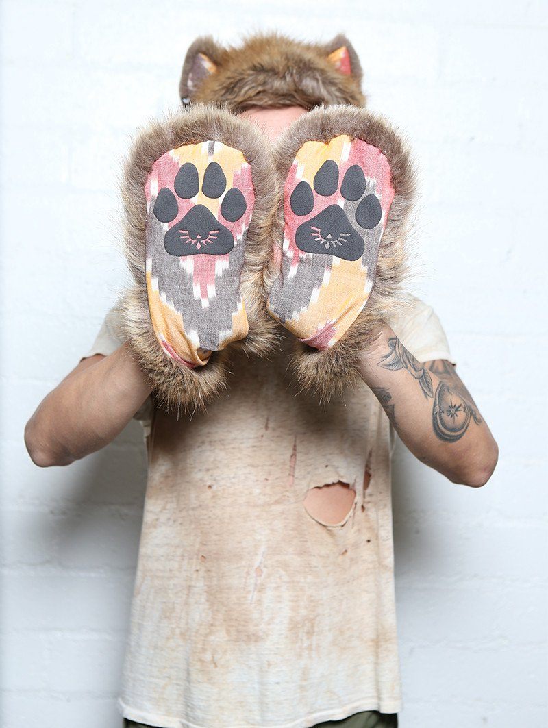 Man wearing faux fur Coyote Sedona SpiritHood, front view 3