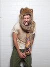 Man wearing faux fur Coyote Sedona SpiritHood, front view 1