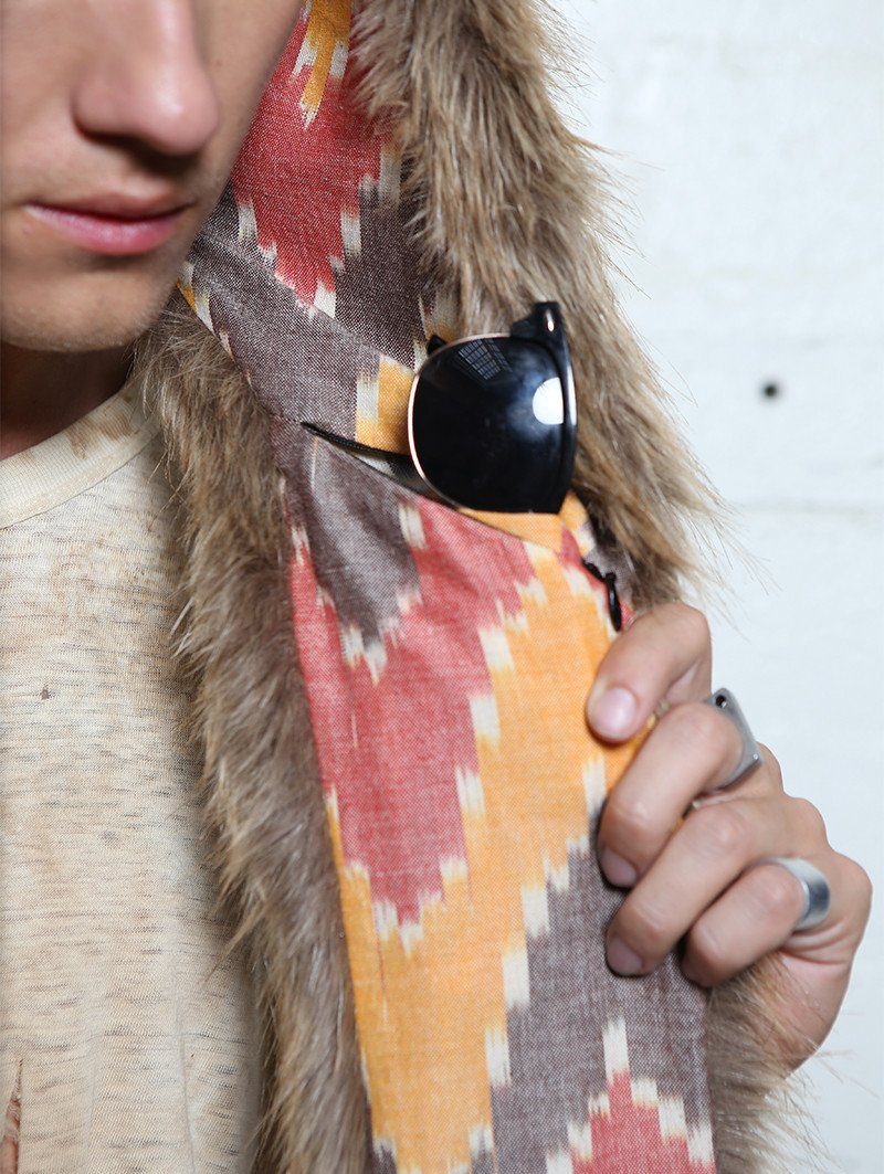 Man wearing faux fur Coyote Sedona SpiritHood, front view 6