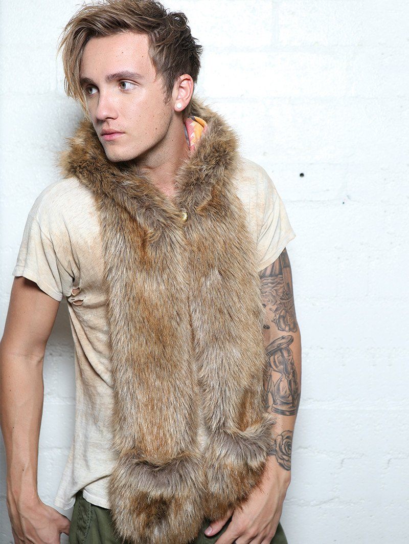 Man wearing faux fur Coyote Sedona SpiritHood, front view 7