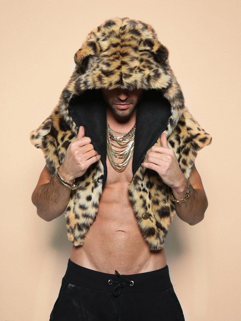 Man wearing SpiritHood Cheetah Faux Fur Shawl, front view 2