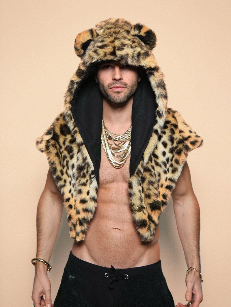 Man wearing SpiritHood Cheetah Faux Fur Shawl, front view 3
