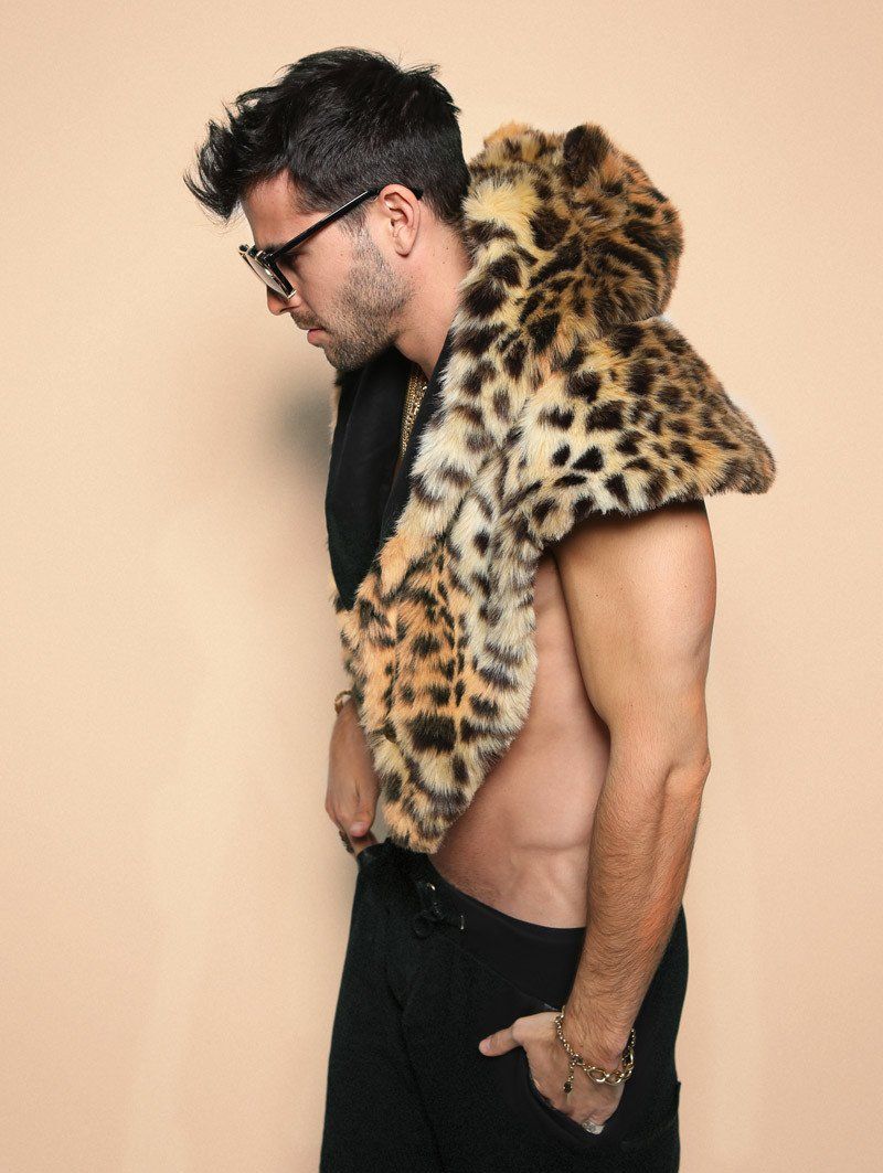 Man wearing SpiritHood Cheetah Faux Fur Shawl, side view 1
