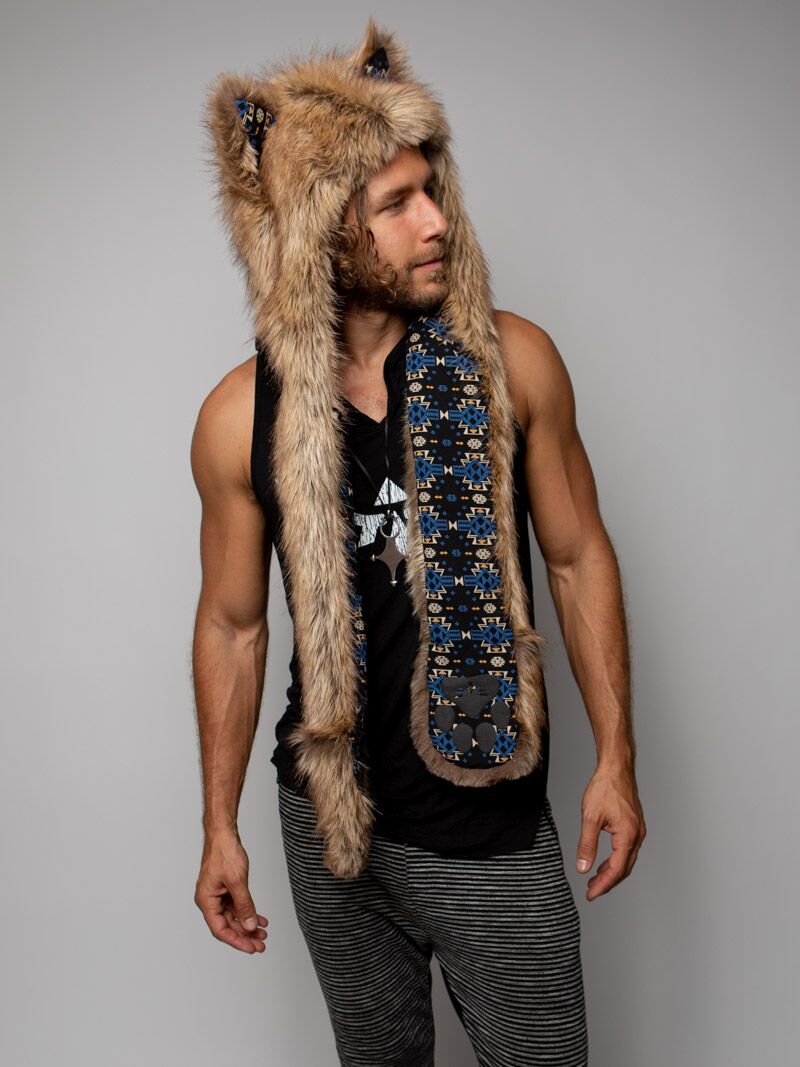 Man wearing faux fur Collector Edition Coyote SpiritHood, side view 1
