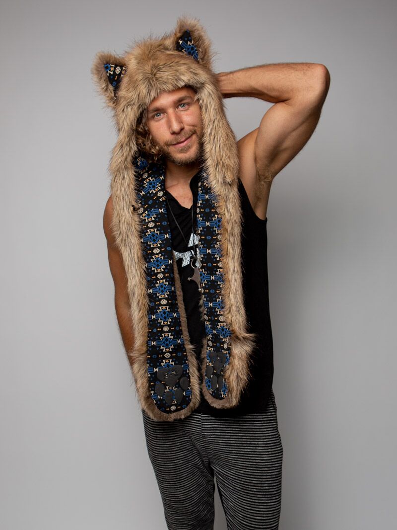 Man wearing faux fur Collector Edition Coyote SpiritHood, front view 1